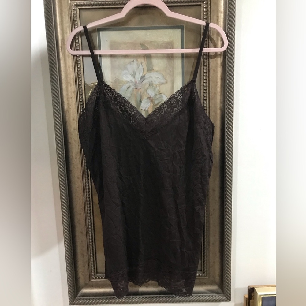 Lace Trim Satin Cami Tank Top - Black
